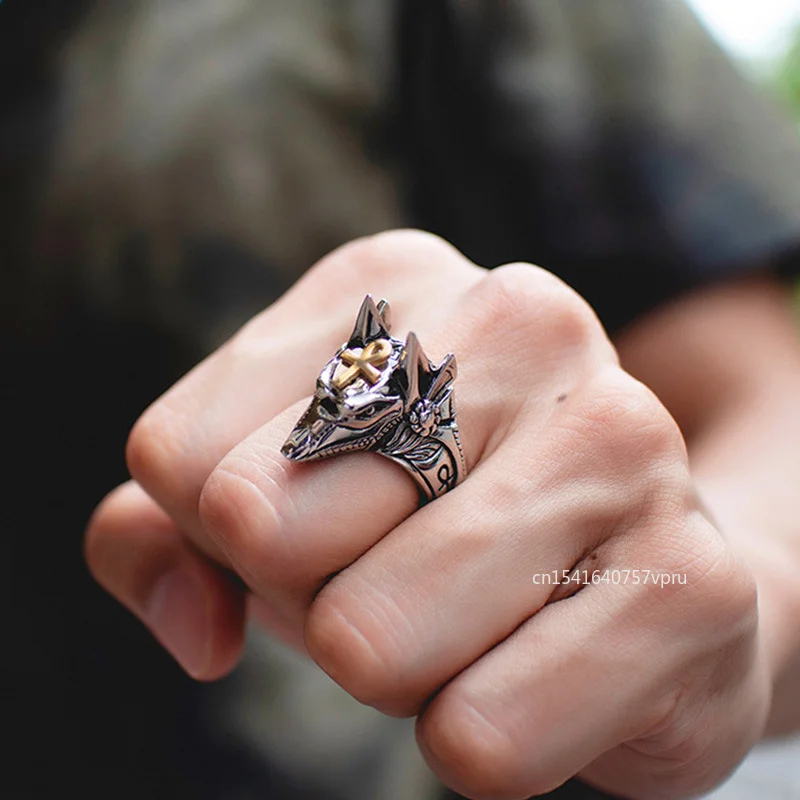 Vintage Egyptian Cross Anubis God Finger Rings Men Women Punk Wolf Head Knuckle Rings Boho Statement Jewelry Wholesale