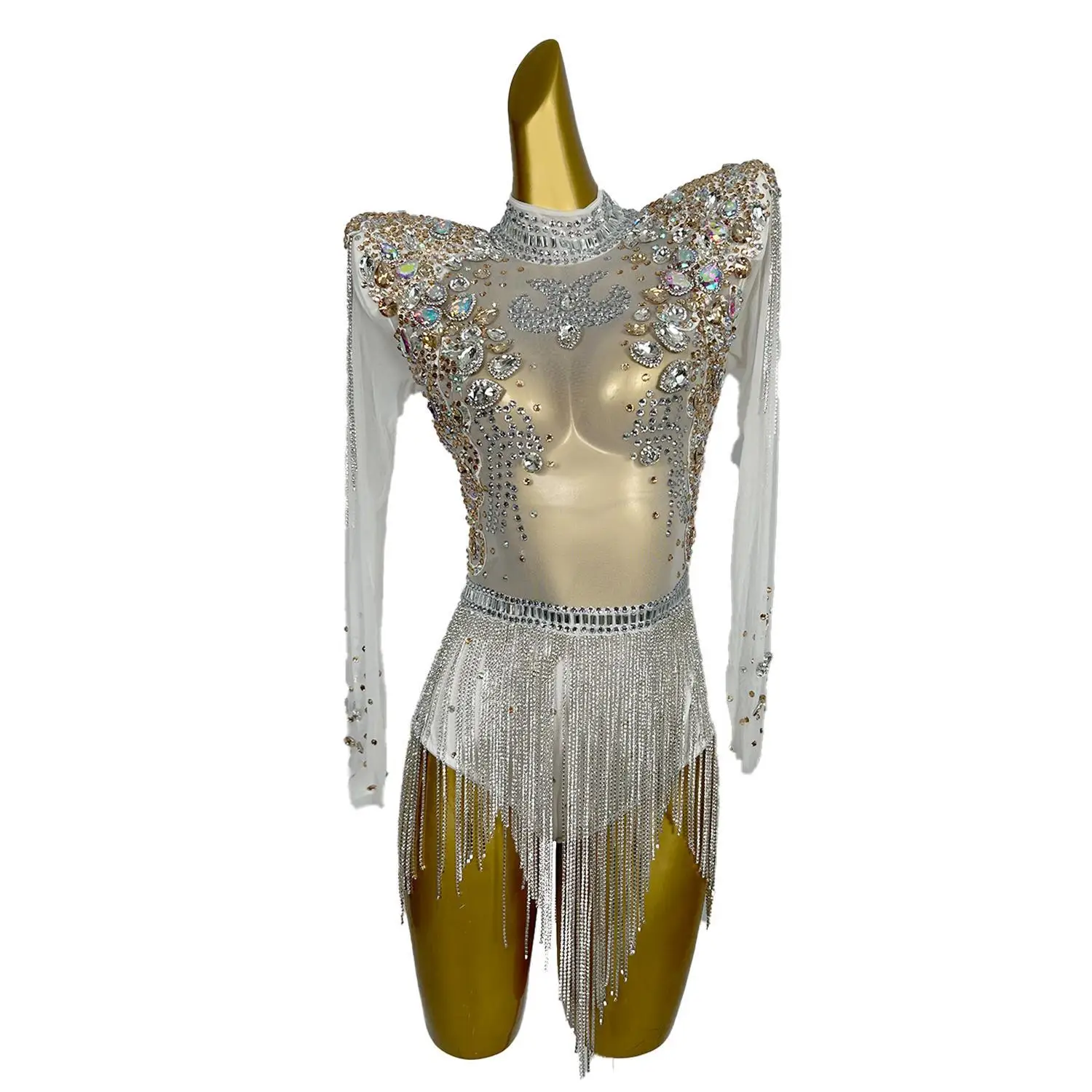 

Sexy White Tassel Stage Performance Jumpsuit Dance Women Rhinestone Bodysuits Diamond Carnival Bodycon Rompers Bolihuanghou