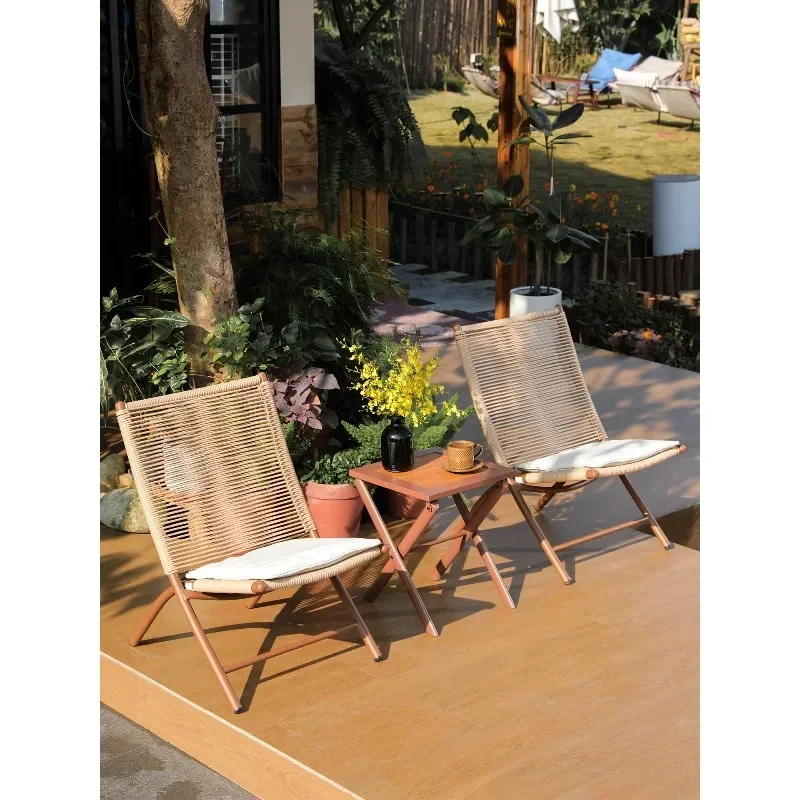 Outdoor recliner chair foldable lunch break chair, balcony home garden rattan chair table and chair three-piece set
