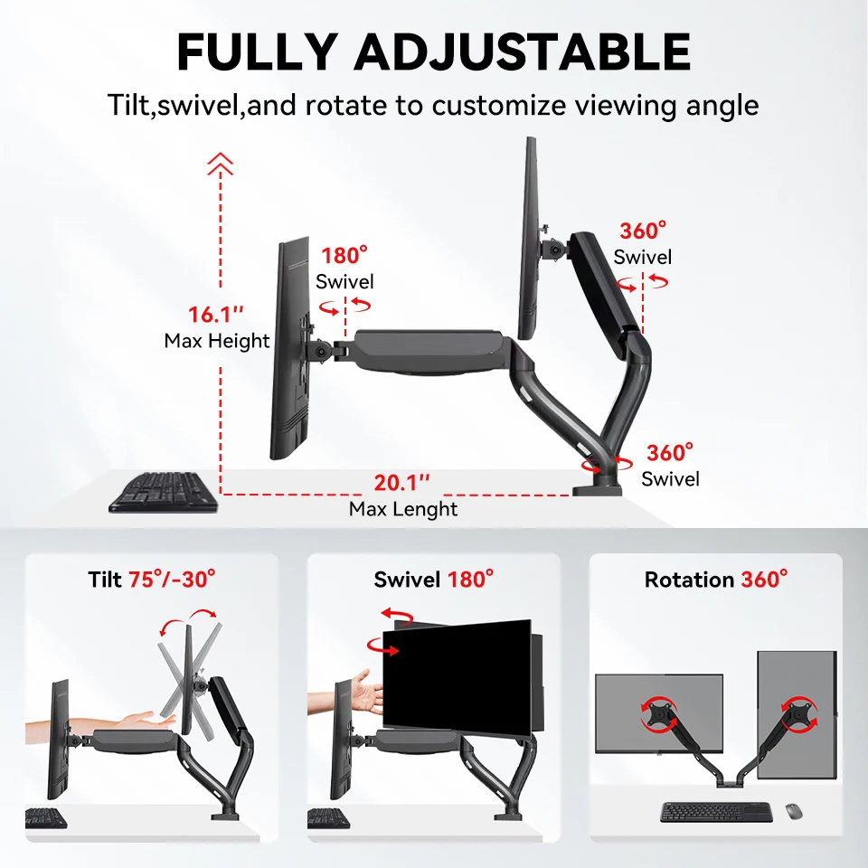 Mction Dual Monitor Arm Desk Mount Stand Table Mount With Gas Spring for 2 Double Monitors Screen Desktop bracket 19 32 inches