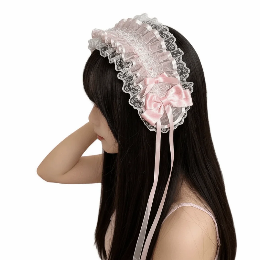Cute Polka Dot Lace Headband Ruffled Trim Ribbon Bows Bow Headband Floral Lace Clip Fastening Princess Headdress Hair Styling