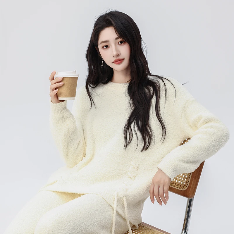 Pijama informal con cordones de color puro para mujer, dulce otoño e invierno, se puede usar afuera, se puede usar en casa