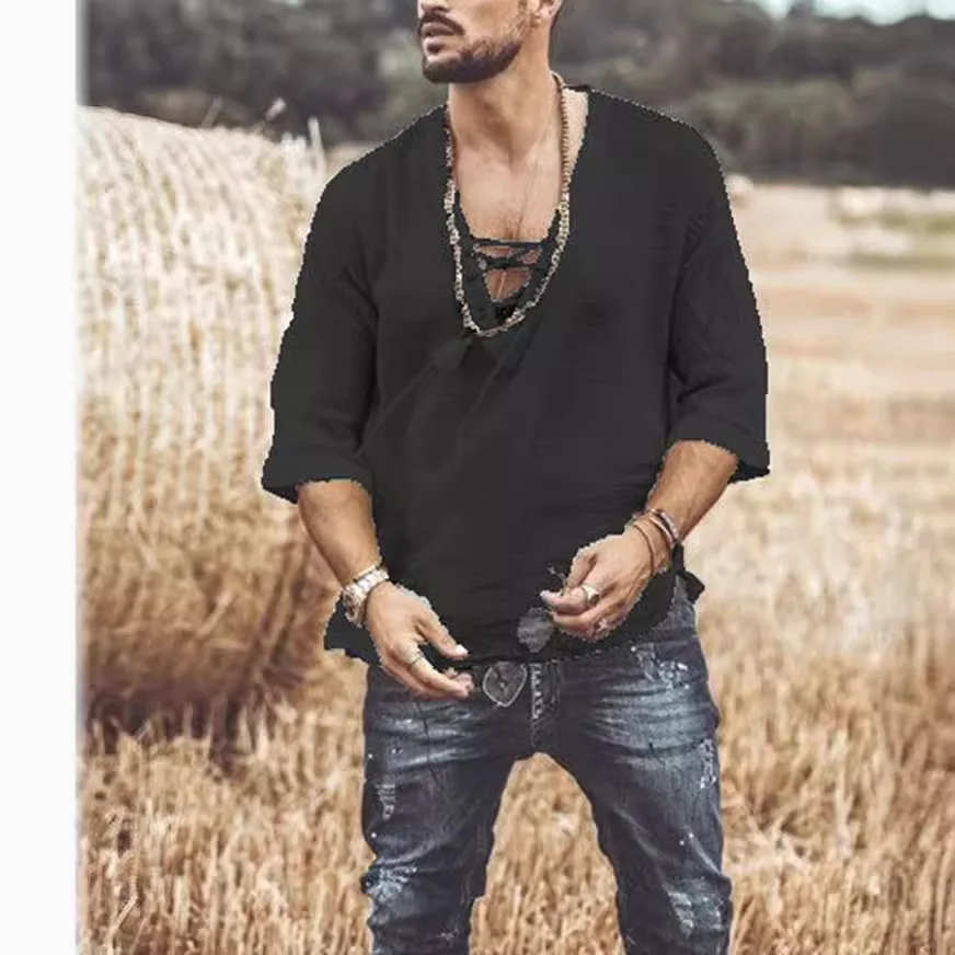 Men's 2025 Chest Laceup T-shirt Shirt Cleanfit Style Nine Sleeve PU Leather Citywalk Suitable Worn Summer Non-fading