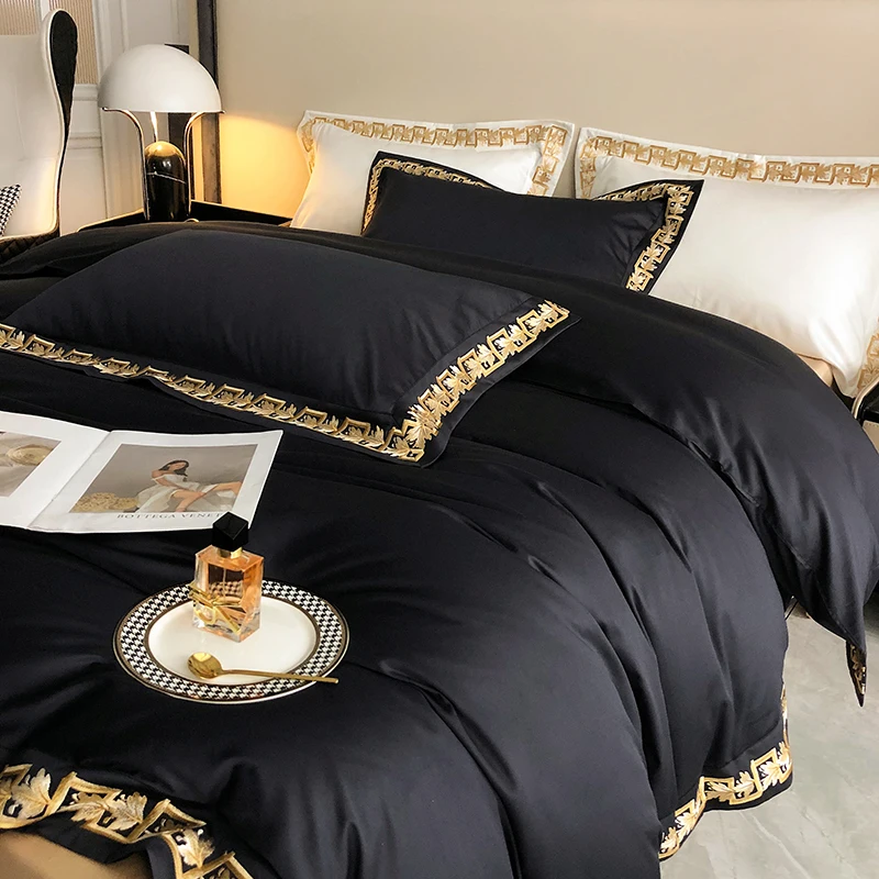 Golden Embroidery Bedding Sets Luxury Black White Egyptian Cotton Quilt Cover Bed Sheet Pillowcases Solid Color Home Textile