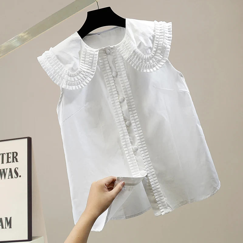 

Faionable Collar Patchwork Svel Doll Collar Summer New Loose Top Casual Cotton Blend Korean Sle Commute irt