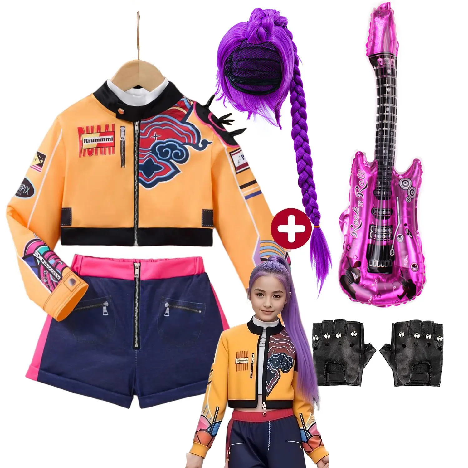 Girls 3Pcs Clothing Fashion Dance Costume Yellow Graffiti Printed Coat+Crop Top+Shorts Set Kid Cosplay Korean Cool Singer Outfit