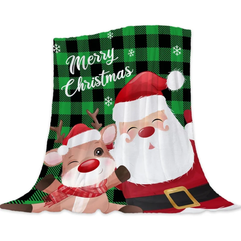 

Christmas Casual Blanket Green Plaid Santa Claus Reindeer Winter Holiday Sofa Bed Soft Comfortable Lightweight