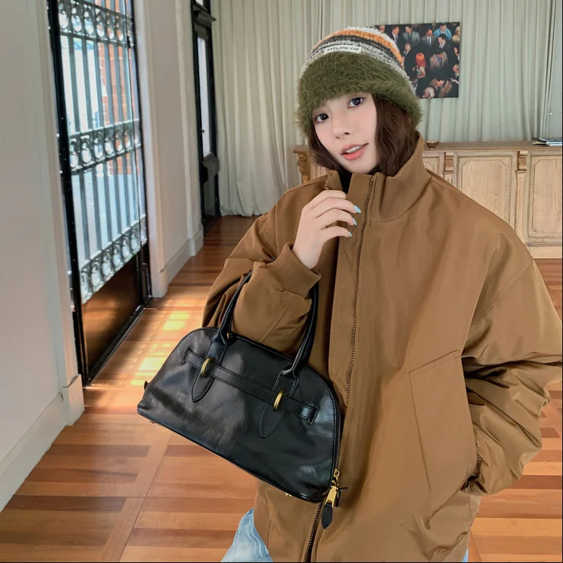 Women Quilted Baseball Parkas Jacket Solid Fleece Coat Stand Collar Full Sleeve Zipper Straight Office Lady Casual 2025 Winter
