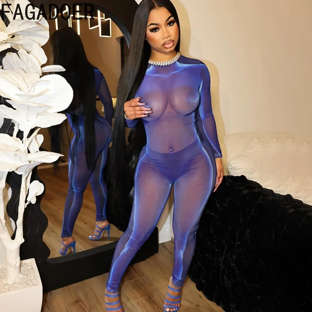 

FAGADOER Sexy Mesh Perspective Bodycon Jumpsuits Women Round Neck Long Sleeve Slim Nightclub Playsuits Fashion Zipper Overalls