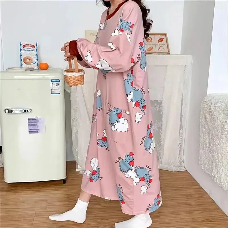 

Women Autumn Loose Cotton Blend 150kg Long-Sleeve Pajama Sleeping Shirt Dress Fat Female Clothing Oversize Add Large Size Dress