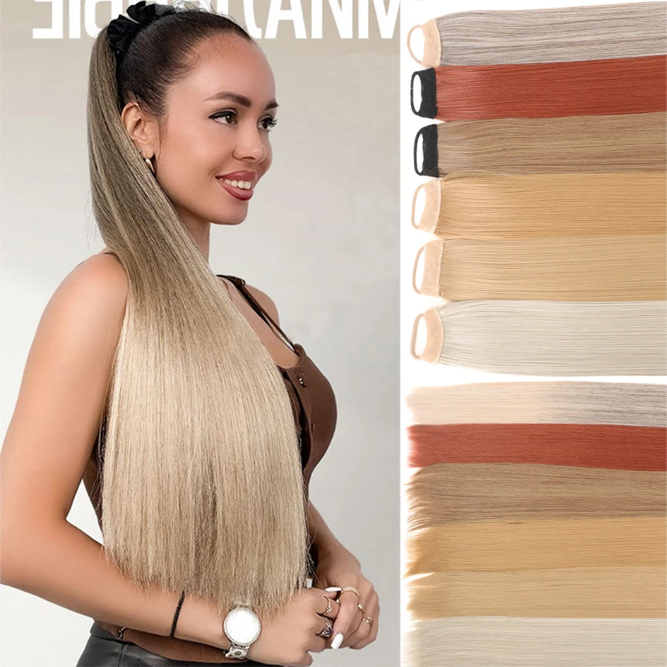 Synthetic 28 inch Long Straight Hair With Elastic Rubber Band Headband and Ponytail Accessory Suitable for Women's Daily Wear ﻿