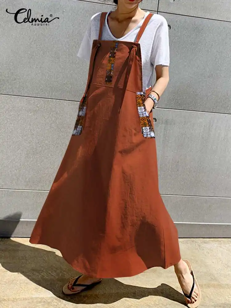 Celmia Vintage fartuch sukienka lato 2023 Party wydrukowano kieszeń Maxi Vestidos kobiety seksowne ramiączka kombinezony luźne w stylu Casual długa sukienka letnia