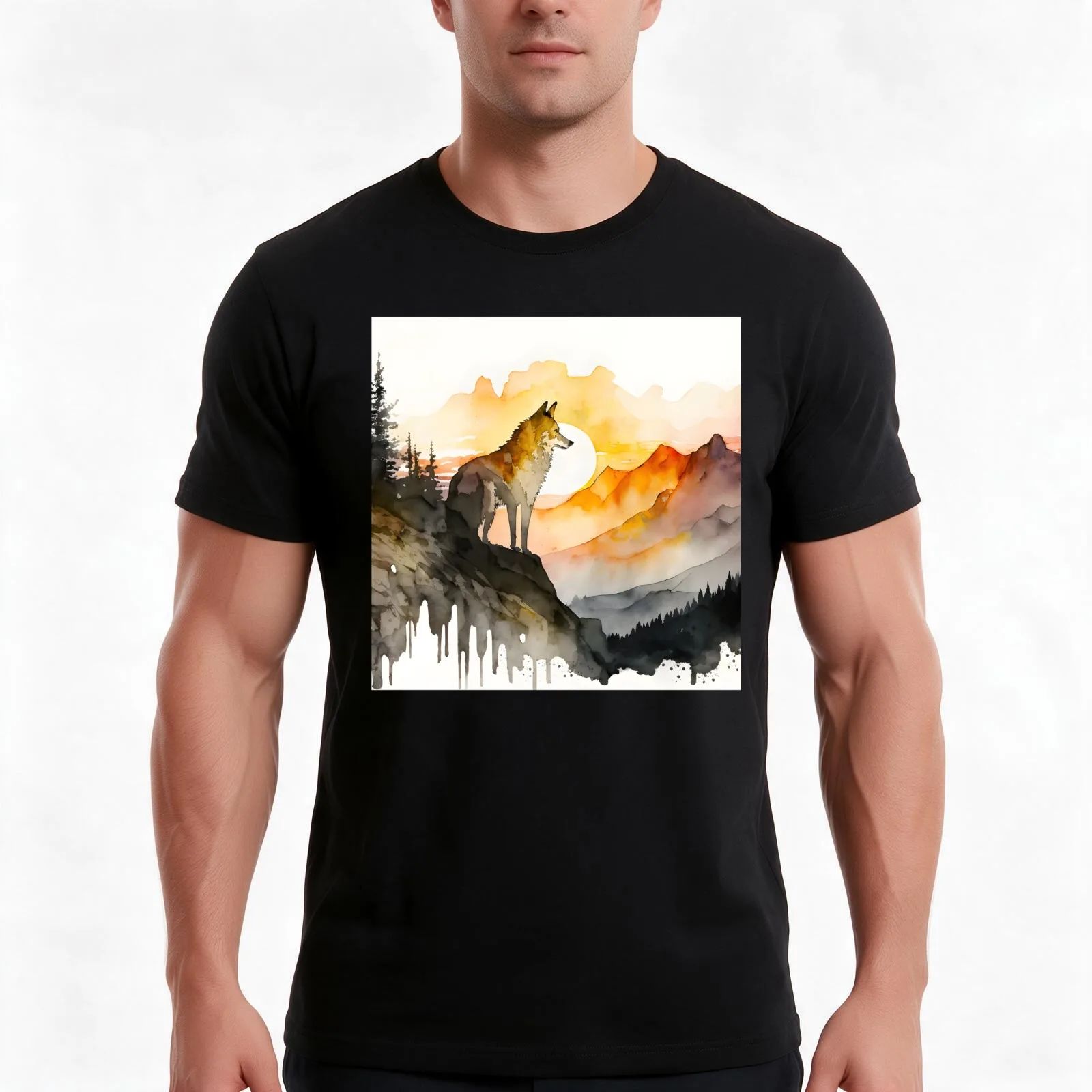 Lone wolf in forest nature mountain scenery landscape with orange golden sunset on cliff in water color art perfect gif T-Shirt