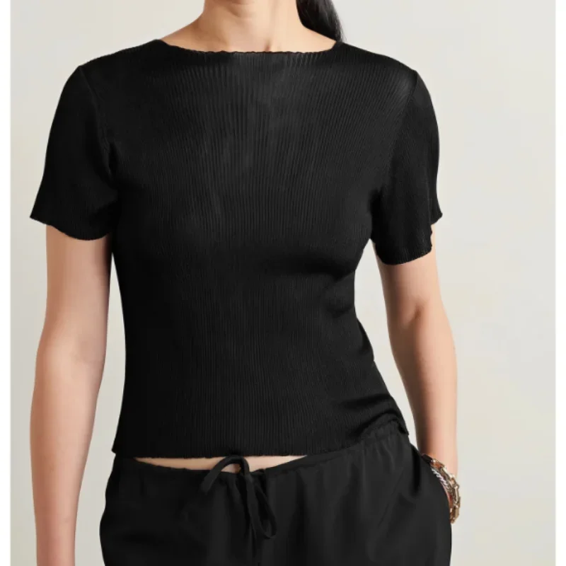 

Spring and Summer Simple and Comfortable Back Slit Backless Design Elastic Slim Thread Short-sleeved Knitted T-shirt