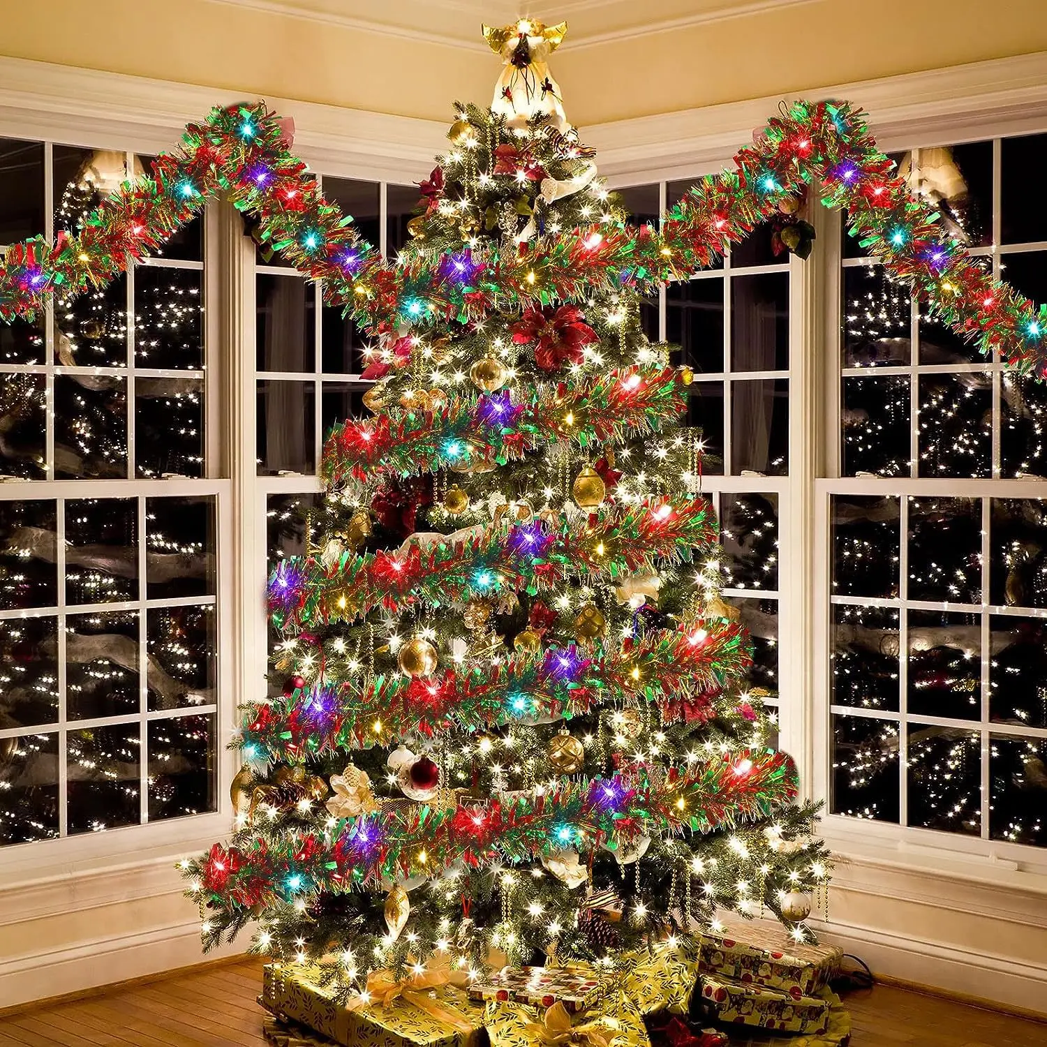5M Festoon Christmas Garland Metallic Shiny Tinsel with LED Lights for Tree Decoration - Indoor Outdoor Xmas Party New Year 2025