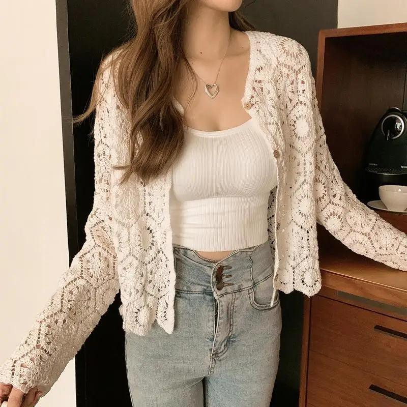 Hollow knit top for women\'s outerwear, thin lace sun protection pullover, air-conditioned shirt, versatile shawl jacket