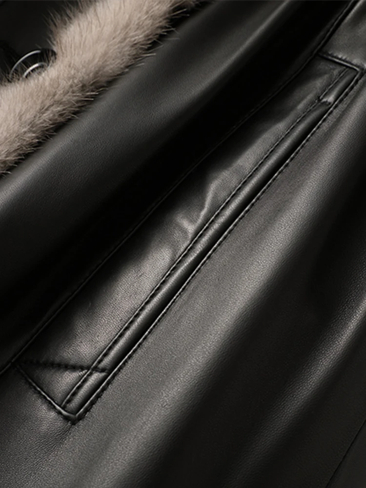 2024 Winter Long Warm Thick Black Leather Coat Women with Fur Inside Elegant Luxury Faux Fur Lined Jacket Parka Fashion