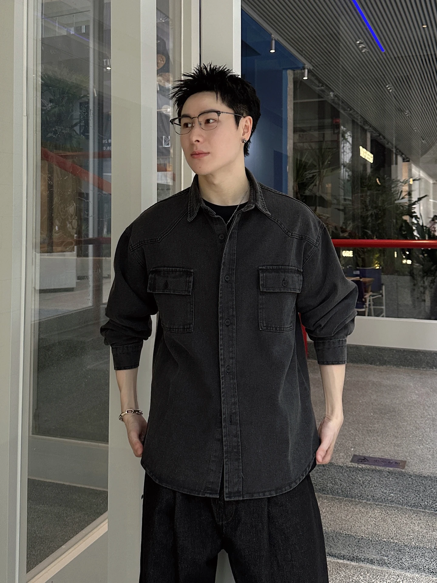 Washed Black Workwear Denim Shirt Men's Autumn Vintage Long Sleeve Turn-down Collar American Style Handsome Wind Coat
