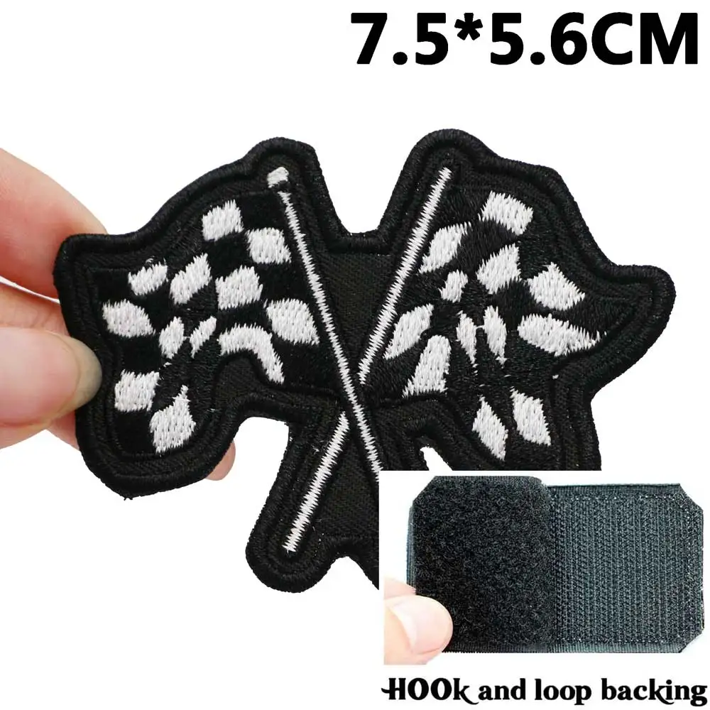 racing Checkered Flag Badge Embroidered Applique Sewing Label punk biker Patches with hook backing