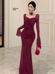 Sexy Mesh Bodycon Maxi Dresses for Women Flare Sleeve Square Collar Slim Mermaid Evening Party Dress Prom Robe Vestidos New