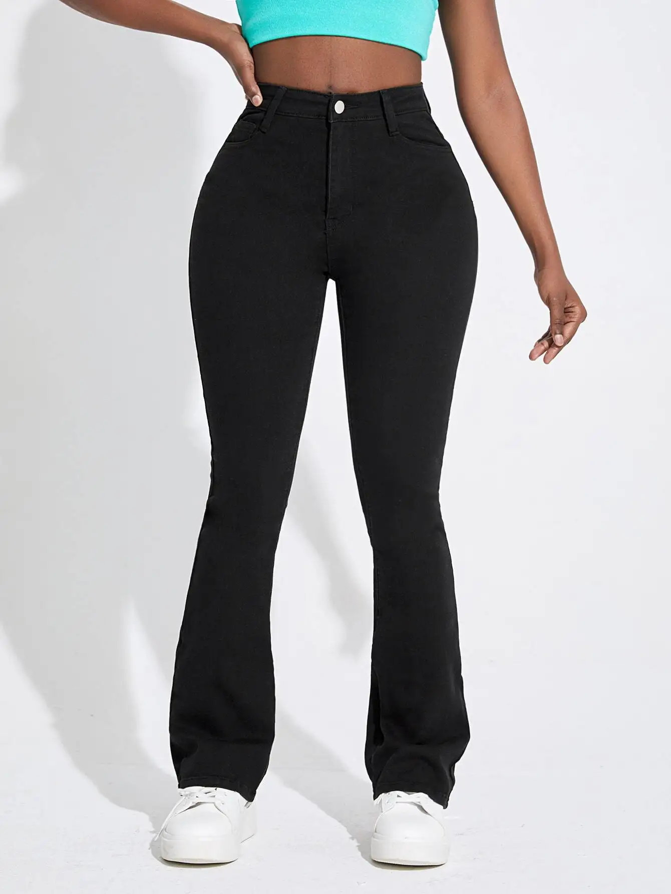 

Женские джинсы с высокой талией и расклешенными штанинами, с диагональными карманами, из плотного денима для повседневной носки осенью и зимой