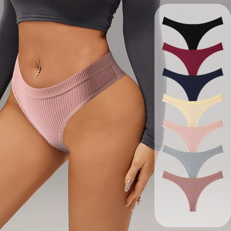 7PCS Women Thongs Panties Cotton Striped Underwear Sexy Intimates Female Lingerie Solid Color Comfort Panty Soft G-Strings XS-XL