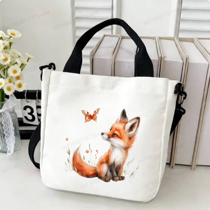 Cartoon Kawaii Fox-Anime Canvas Shoulder Bag Women's Novelty Creative Tote Bag Casual Light Handbags Shopping Bag Totes Gifts