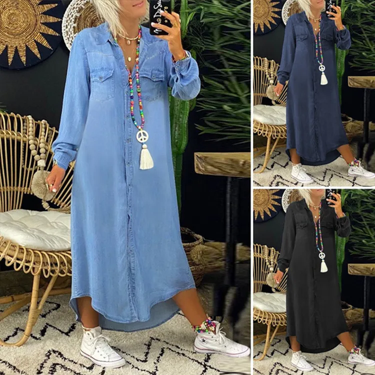 Shirt Jeans Dress Women Long Dresses Turn Down Collar Solid Elegant Splice Single Breasted Full Sleeve Loose Vestidos Summer