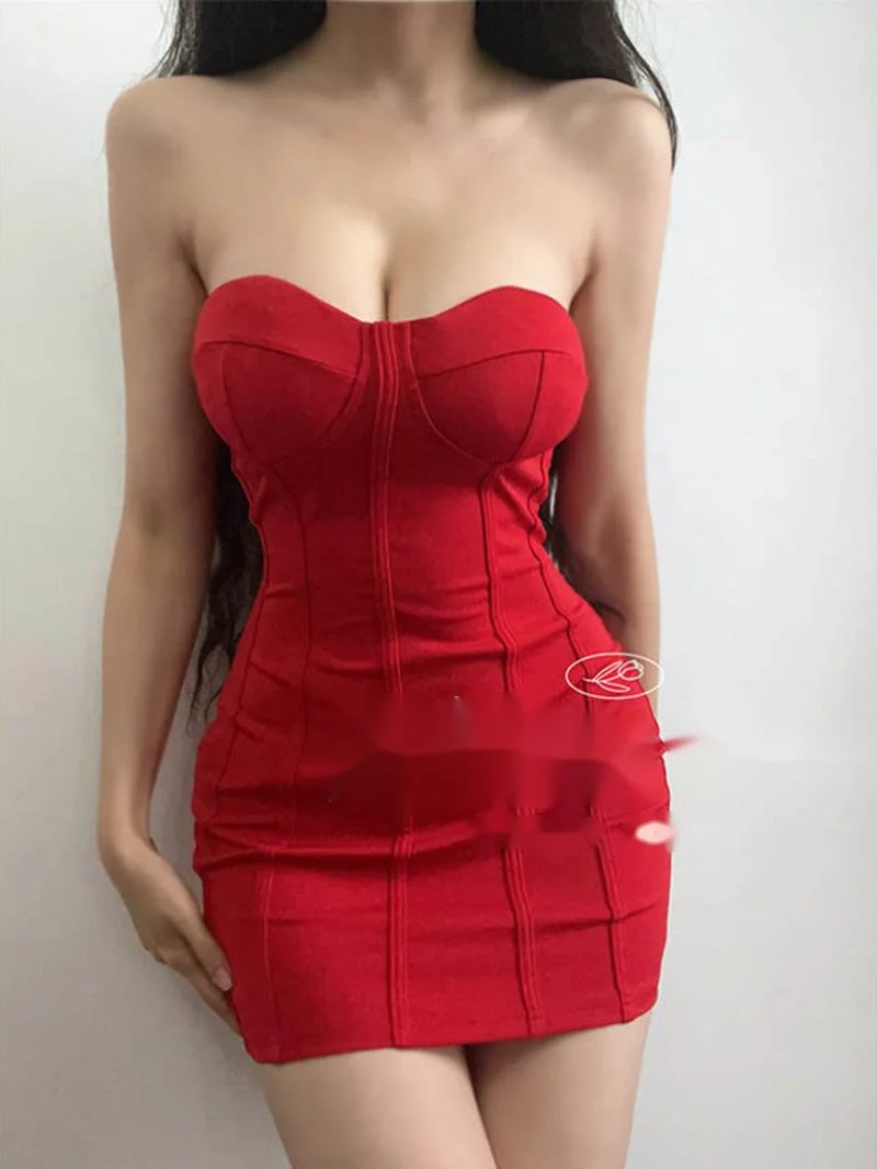 Neue Stil Straße Spicy Girl Süße Kühle Mode Taille Off Schulter Liebsten Kleid Elegante Kurze Rot Süße Koreanische Frauen S050