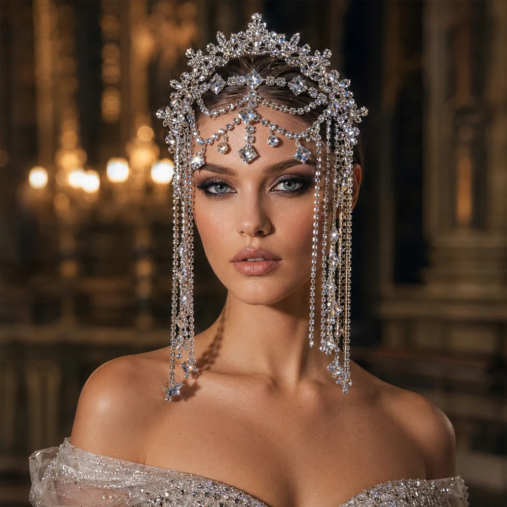 

Luxurious Zircon Crown Retro Multi-layered Tassel Court Headband Shining Hair Accessory for Bride Wedding/ Evening Party/Banquet