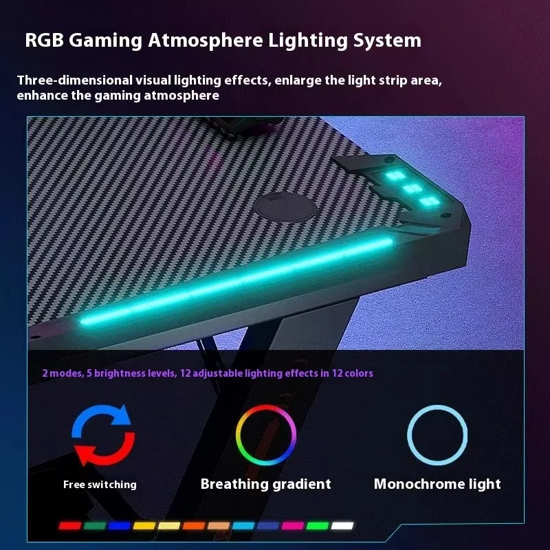 Factory Direct Metal Cross-Border Carbon Fiber Computer Gaming Desk with RGB Atmosphere Light for Home & E-Sports Gaming Table