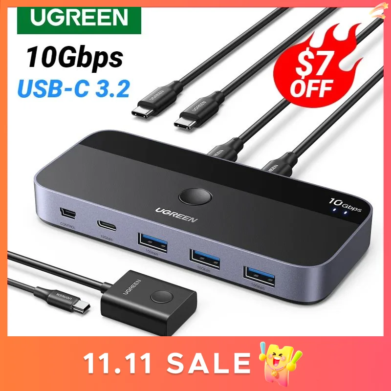 Ugreen 10Gbps Usb C Switch Usb C 3.2 Switcher Voor Pc Toetsenbord, Muis, Printer En Scanner 2 Stuks Delen 4 Apparaten Usb Switch