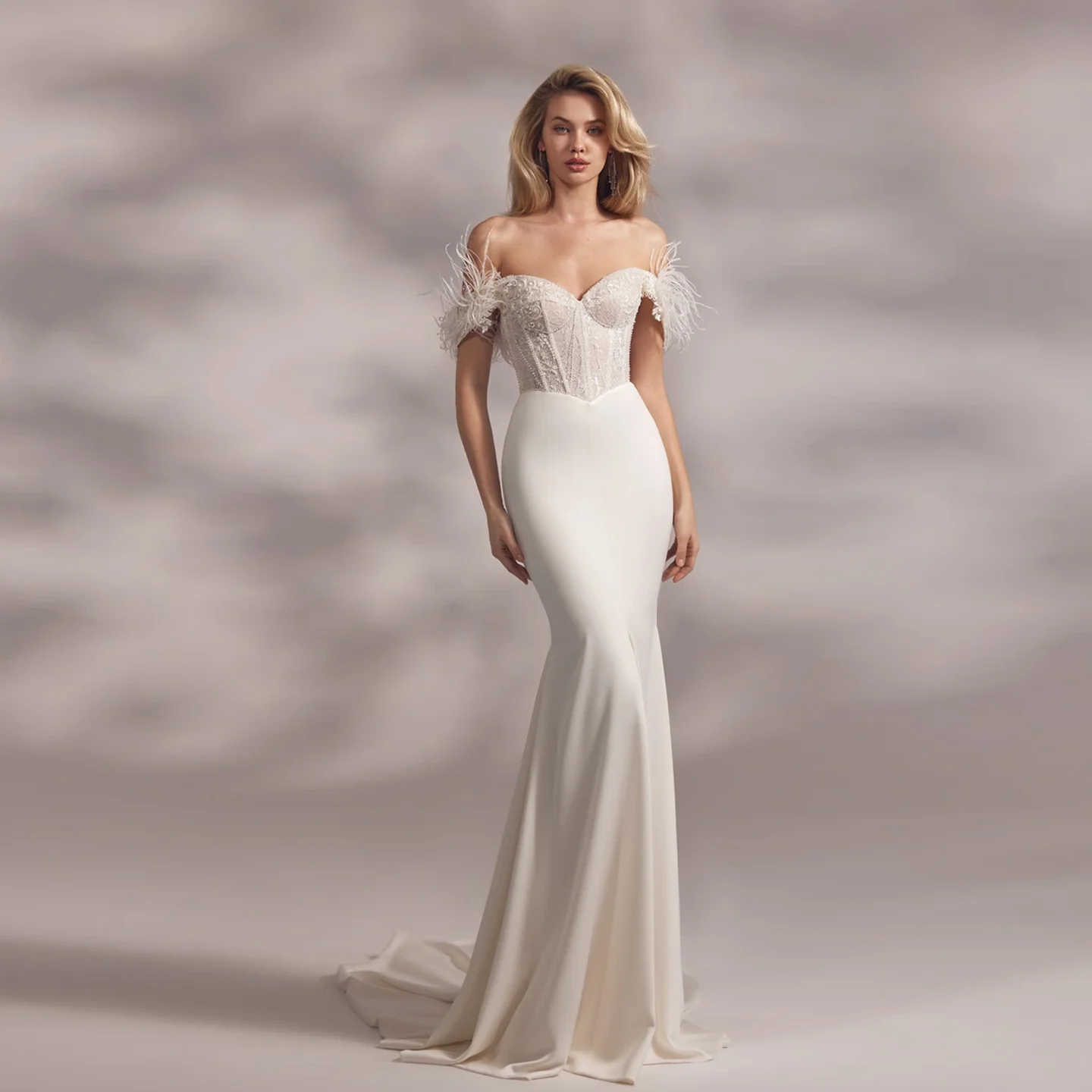 

Sharon Said 2025 Elegant Sexy Corset Mermaid Off White Satin Wedding Dress Off Shoulder Court Train Bride Gowns SW262 Customized