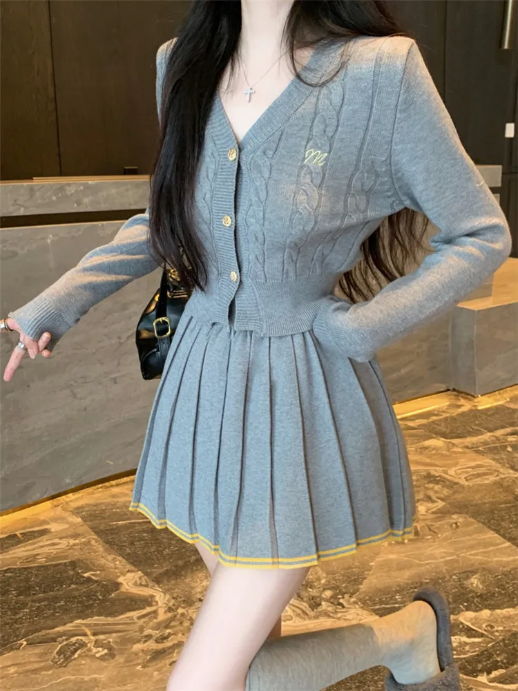 New 2024 Fall Fashion Grey Knit 2 Piece Sets Long Sleeve V Neck Cardigan&Pleated Mini Skirt Women Two Pieces Slim Sweater Suits