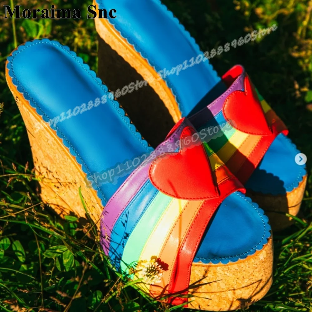 Iridescentie lederen hart platform pantoffels met bandjes wiggen hoge hak schoenen voor dames instapper open teen party trending pantoffels