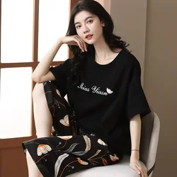 Summer  Elegant Women Floral Pajama Sets Short Sets Capris Knitted Cotton Sexy Black Sleepwear FemalePajamas Lounge Pijama Mujer