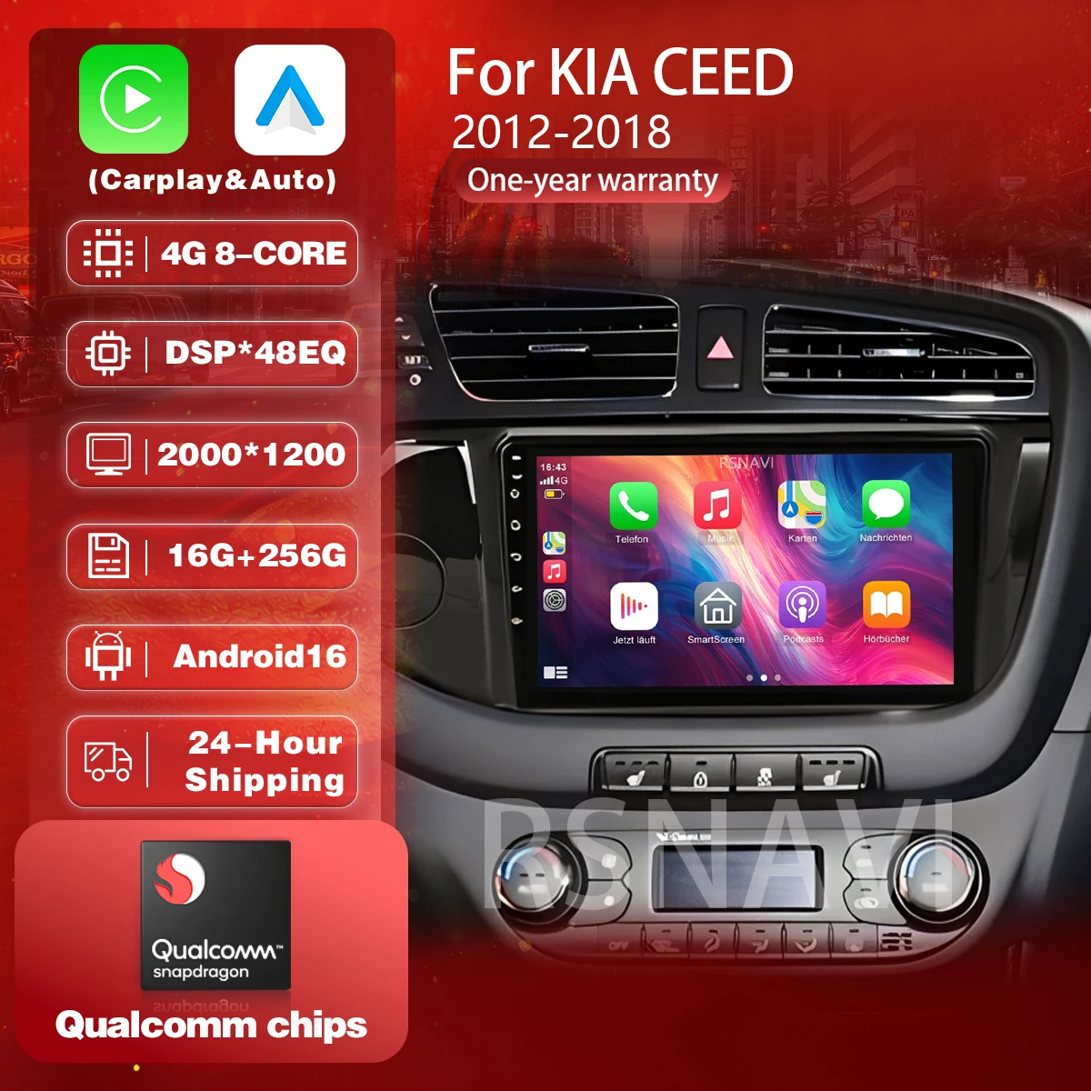 Qualcomm Android 16 Carplay Auto WIFI+4G Car Radio Multimedia Player For KIA Cee'd CEED JD 2013-2016 DSP Autoradio Stereo 2din