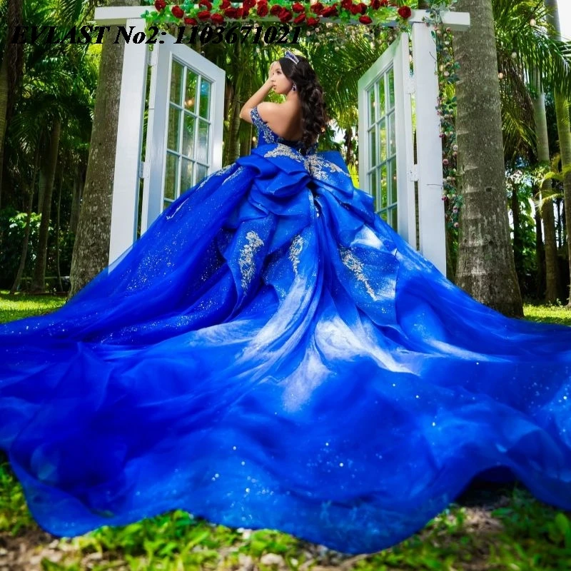 

EVLAST индивидуальное мексиканское королевское синее платье Quinceanera, бальное платье с кружевной аппликацией и кристаллами из бисера, Sweet 16, Vestidos 15 Anos E2QA150