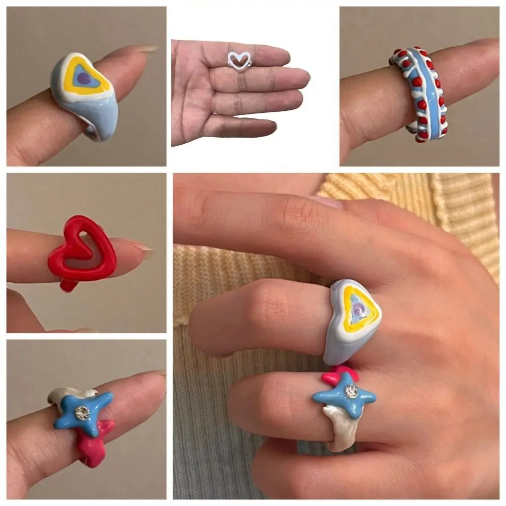 Cute Y2K Enamel Heart Ring Korean Style Chunky Jewelry Finger Buckle Alloy Minority Design Geometric Ring Decoration