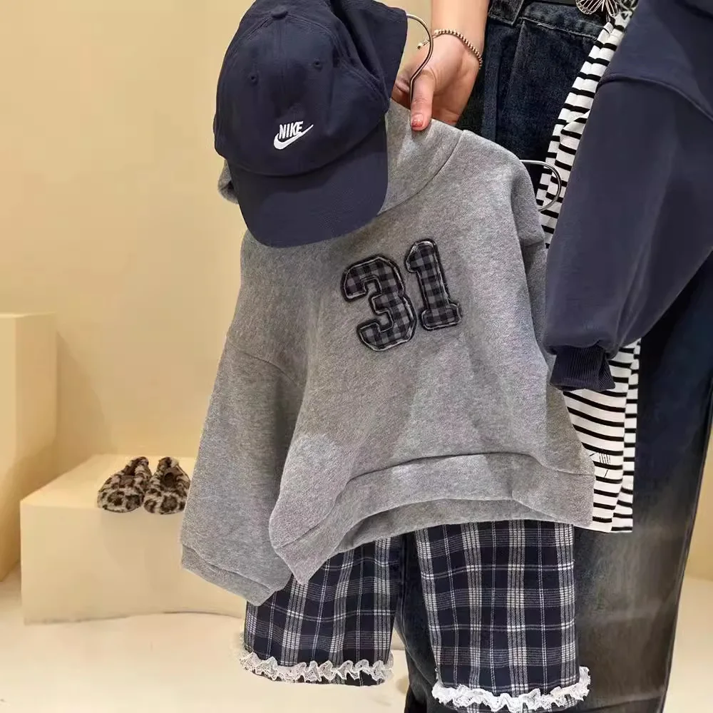 

Girls Suit 2024 Autumn New Childrens Clothing Baby Girls Hooded Warm Hoodie Plaid Lace Plus Fleece Casual Pants Two-piece Set