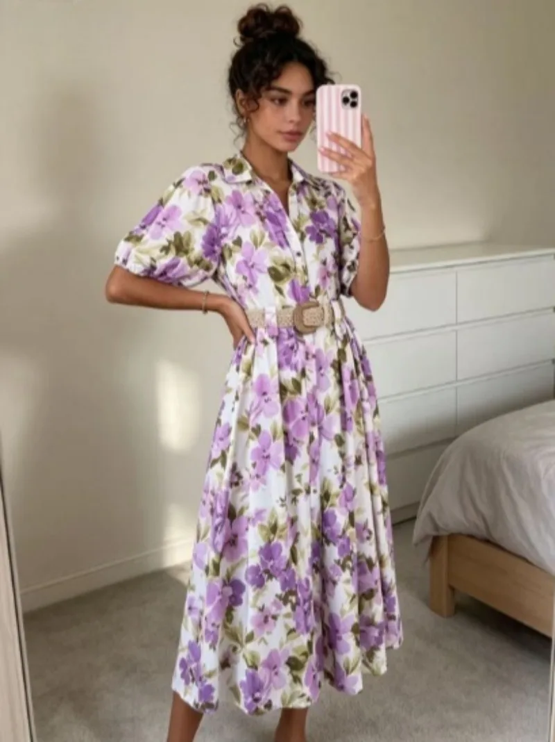 

Women's New Fashion Belted Purple Floral Print Long Dress Female Temperament Lapel Single-Breasted Short-Sleeved Dress Summer