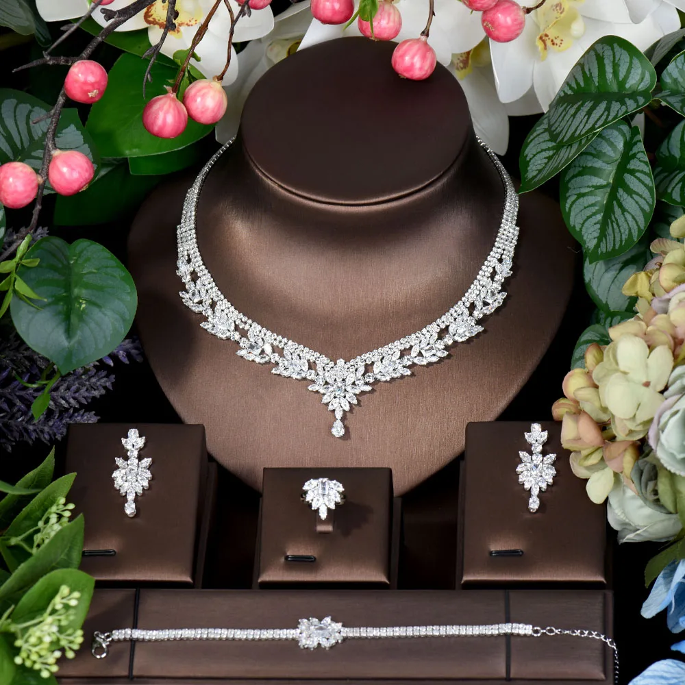 HIBRIDE Fashion Leaf Design Bridal Jewelry Sets Wedding Jewelry Party Accessories Bijoux Femme Set Jewelry With Zircon N-804