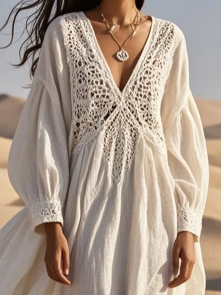 Sexy V Neck Lace Hollow Long Dresses Women Solid Loose Dress Casual Long Sleeve Vintage Beach Dresses New Vestidos Para Mujer