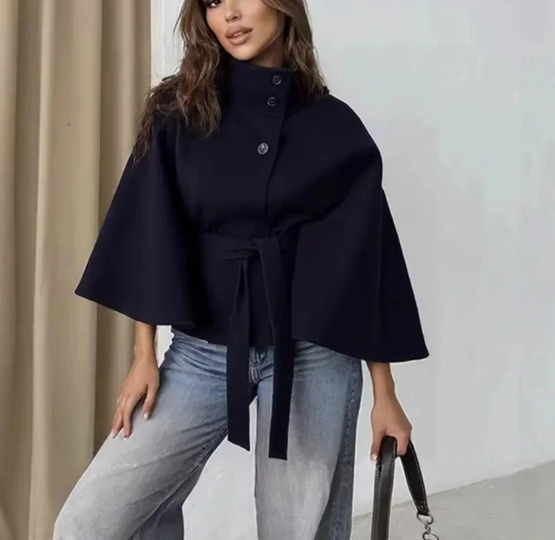 معاطف كيب قصيرة للنساء معاطف خليط الحزام للخريف والشتاء معاطف صلبة أنيقة عباءة سترة للسيدات #1