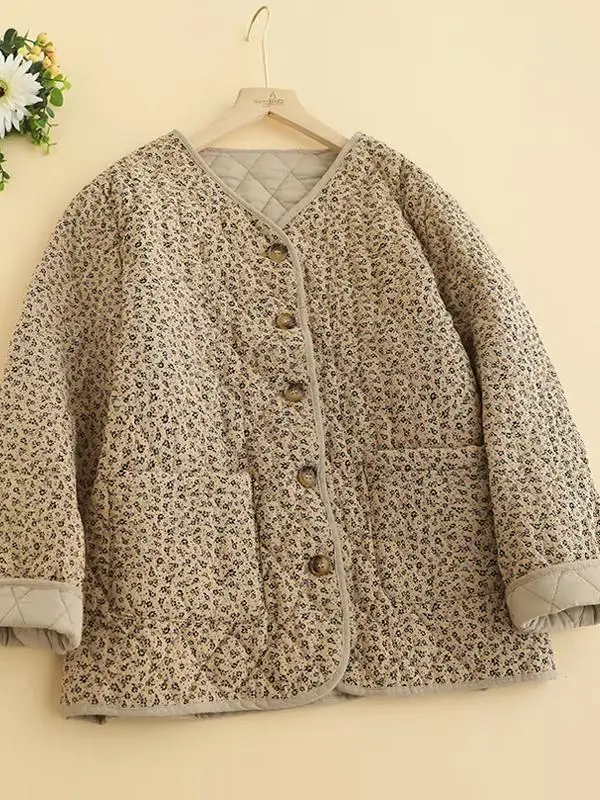 

Retro Floral Cotton Jaet Women's Loose Versatile V-Ne Long Sve Warm Cotton Lined Outerwear Trendy Commute Artistic