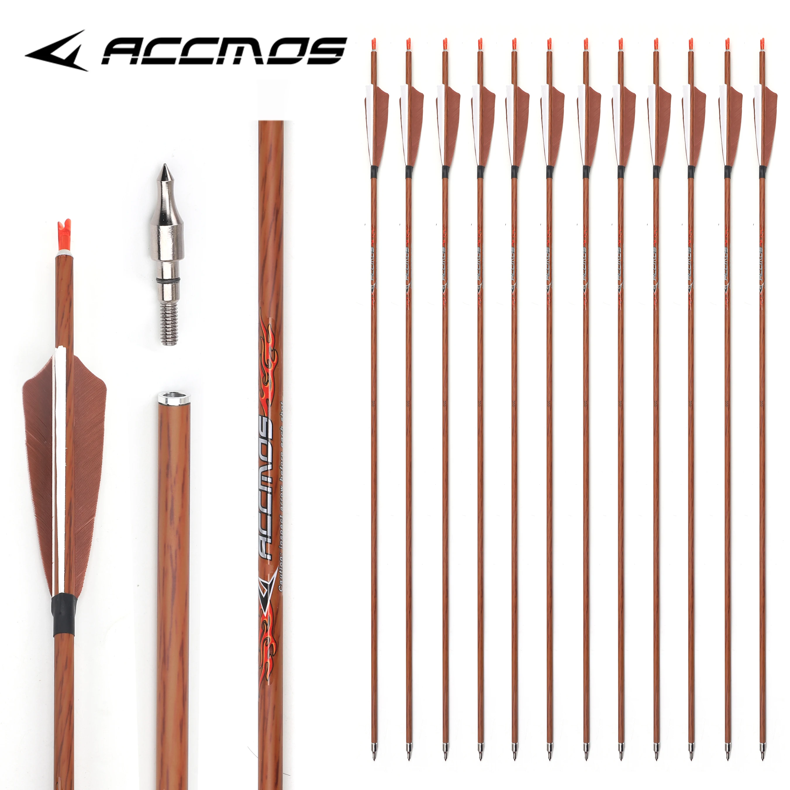 

Pure Carbon Archery Arrows, Natural Vanes, Comound Traditional Bow, ACCMOS Arrow, ID6.2mm, 32 ", Sp350-700, 6 Pcs, 12Pcs