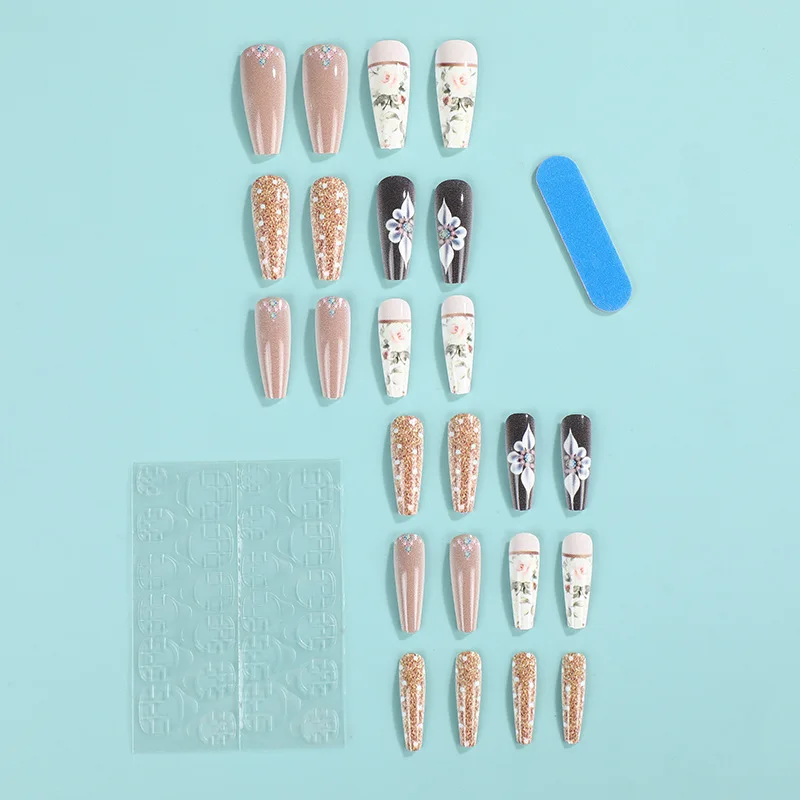 Kit de faux ongles 3D à pression, capsules longues, 50 pointes de cercueil, blanc, rose, paillettes, diamants, ongles acryliques