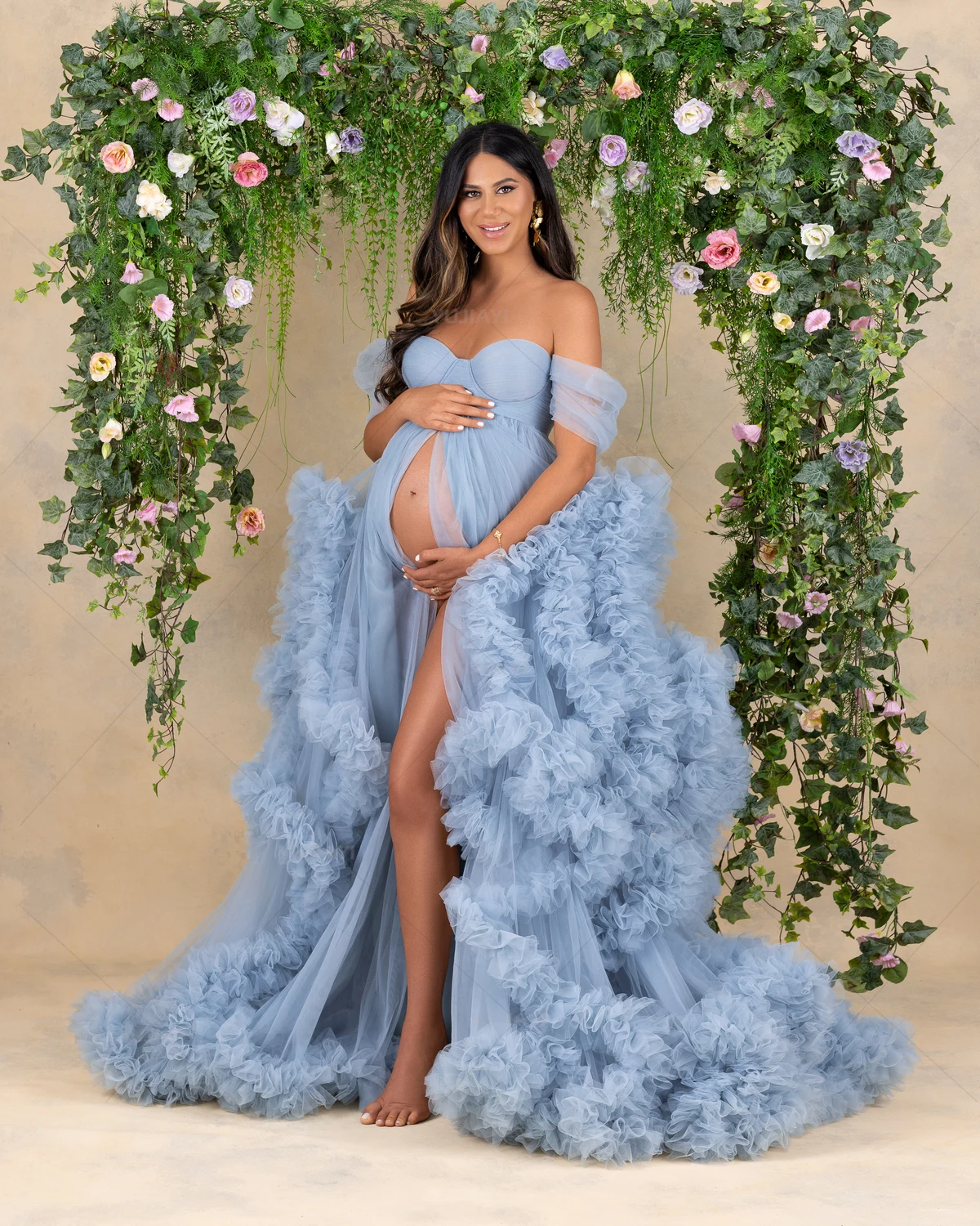 Vestido de maternidad azul cielo con hombros descubiertos para mujer embarazada, albornoces de fiesta de cumpleaños, ropa de dormir con escote corazón para phtototoshoot