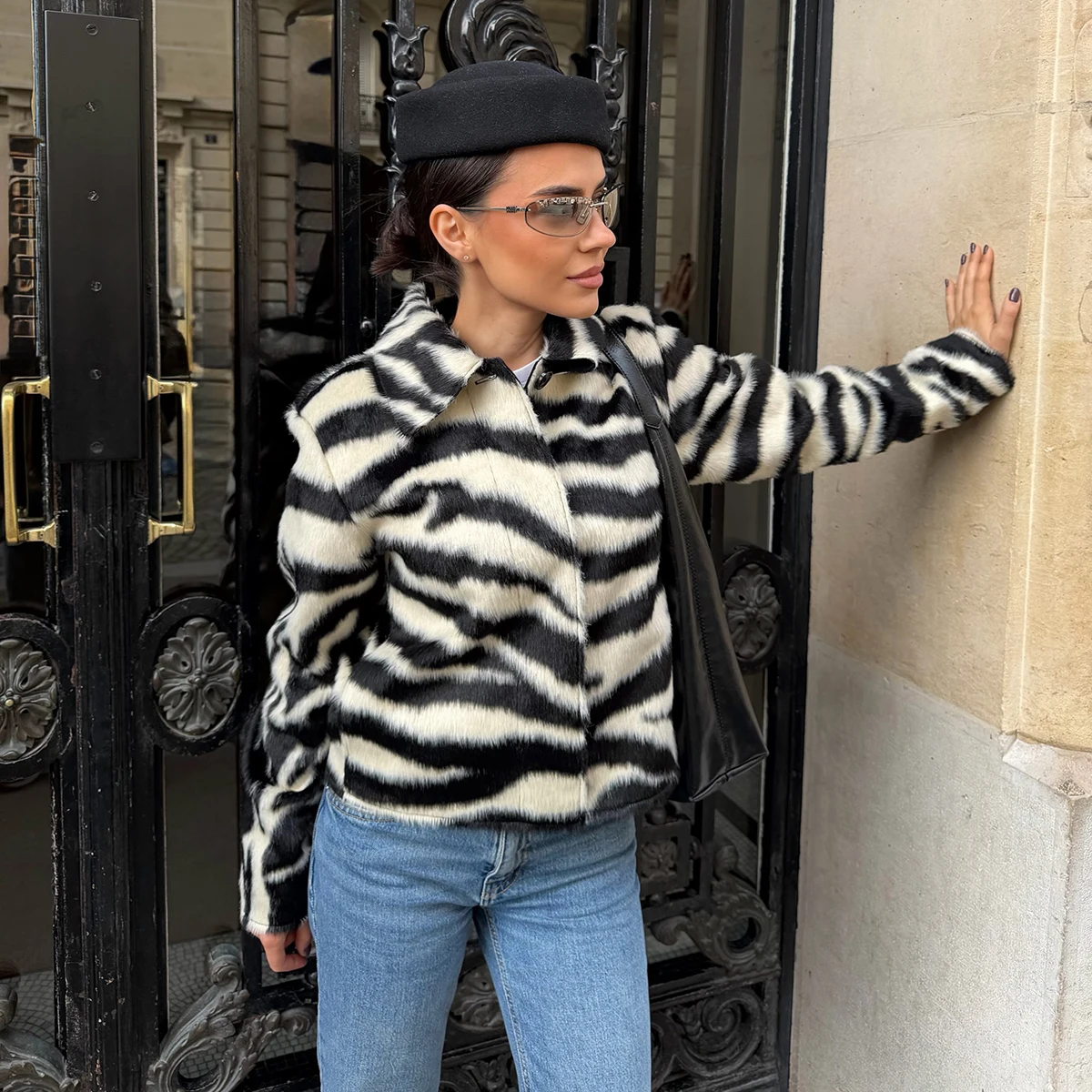 Women's Zebra Print Faux Fur Coat Cropped Zip Up Fluffy Collared Winter Warm Elegant Luxe Chic Streetwear Outerwear