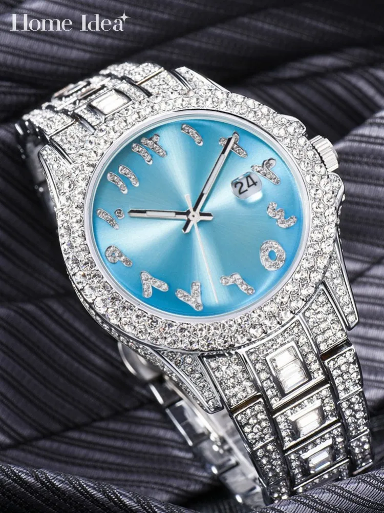 

Hip Hop Diamonds Mens Wristwatch Fashion Luxury Business Casual Push Button Hidden Clasp Quartz Watch